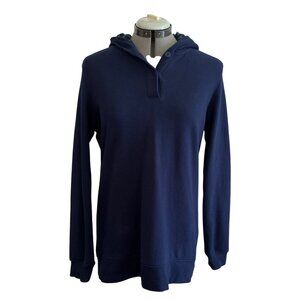 Lands End Womens Serious Sweats Navy Hoodie Pullover M 10-12 Plaid Lined Hood